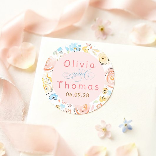 Sticker Rond Floral Pastel Whimsical Elegant Wedding