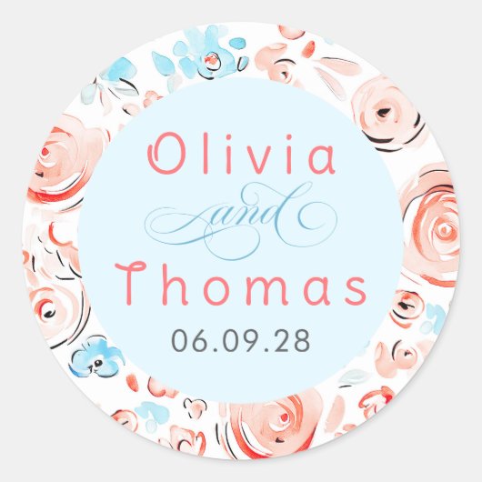 Sticker Rond Floral Pastel Whimsical Elegant Wedding (Devant)