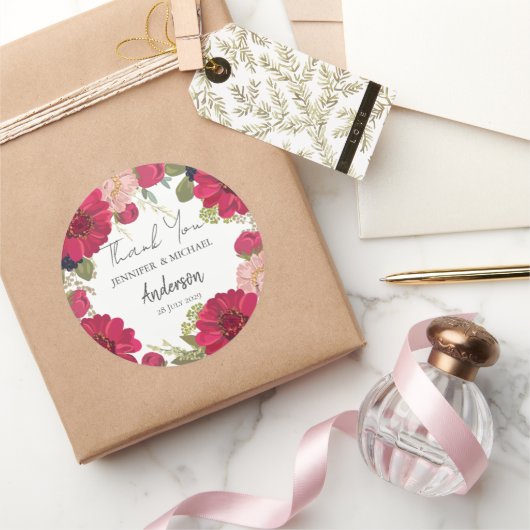 Sticker Rond Floral Red Green Wedding Thank You (Cadeaux)