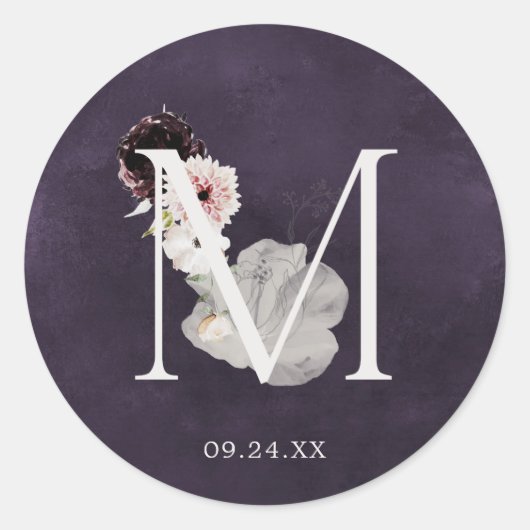 Sticker Rond Floral Romance Lettre M Monogramme Plum Mariage Sc (Devant)