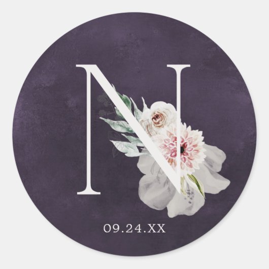 Sticker Rond Floral Romance Lettre N Monogramme Plum Mariage Sc (Devant)