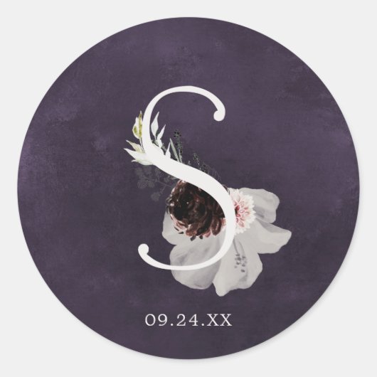 Sticker Rond Floral Romance Lettre S Monogramme Plum Sceau Mari (Devant)