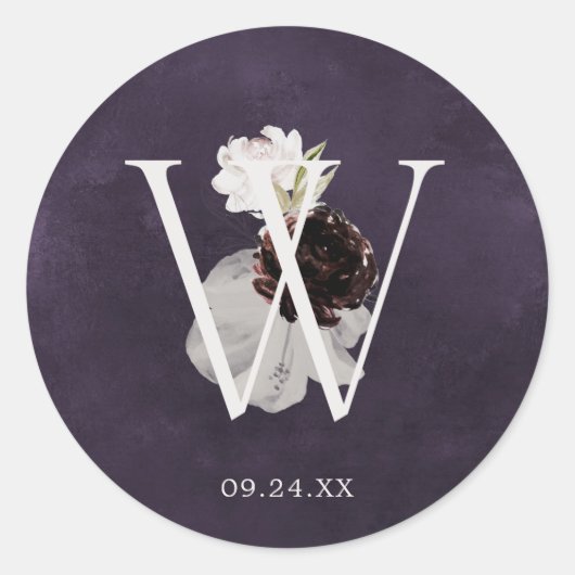 Sticker Rond Floral Romance Lettre W Monogram Plum Sceau Mariag (Devant)