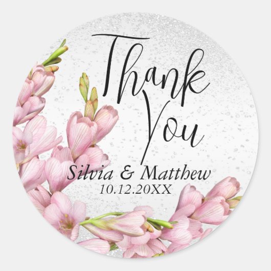 Sticker Rond Floral rose et Parties scintillant blanche - Merci (Devant)