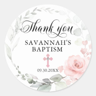 Sticker Rond Floral rose fille Christening Baptême Merci