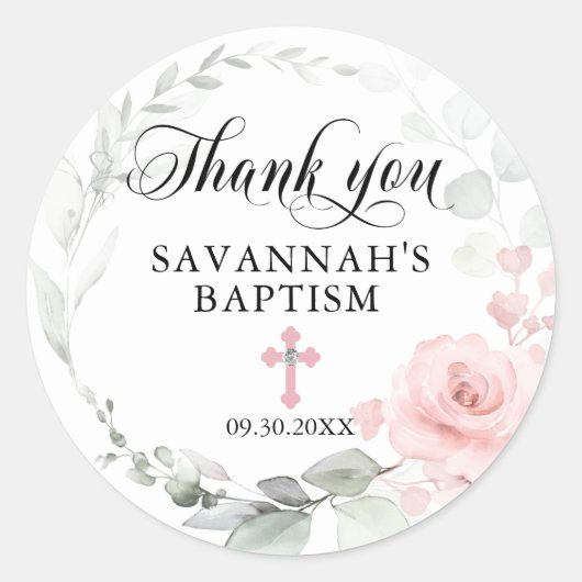 Sticker Rond Floral rose fille Christening Baptême Merci (Devant)