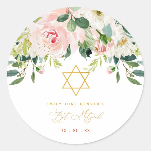 Sticker Rond Floral Rose & Gold Bar Mitzvah (Devant)