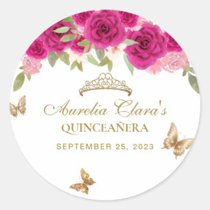 Sticker Rond Floral rose or Tiara Butterfly Quinceañera