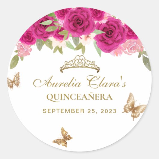 Sticker Rond Floral rose or Tiara Butterfly Quinceañera (Devant)