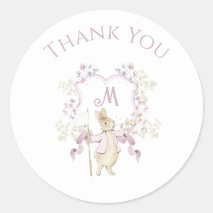 Sticker Rond Floral rose Pierre le lapin Monogramme Baby shower