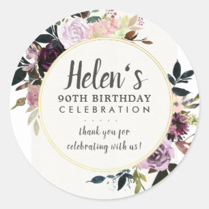 Sticker Rond Floral rose pourpre 90e Merci d'anniversaire