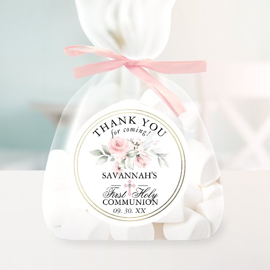 Sticker Rond Floral rose Première Sainte Communion Merci classi