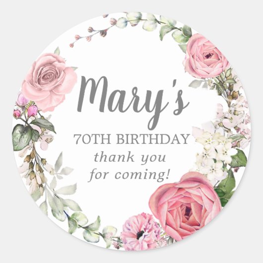 Sticker Rond Floral rose rustique 70e anniversaire Merci (Devant)