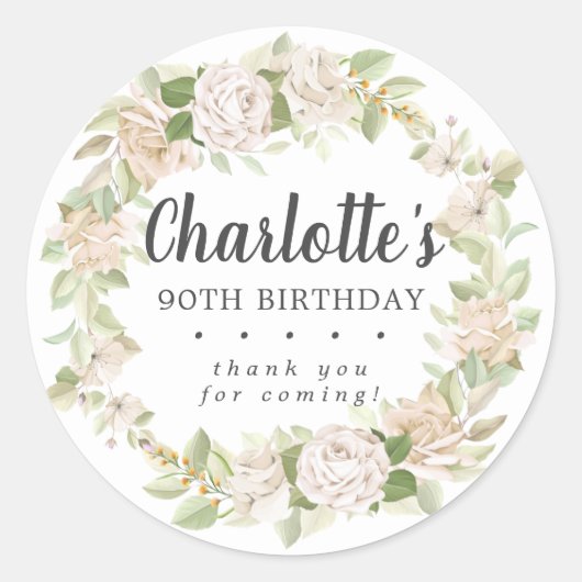 Sticker Rond Floral rose rustique 90e anniversaire Merci (Devant)
