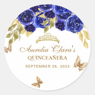 Sticker Rond Floral Royal Blue Gold Tiara Butterfly Quinceañera