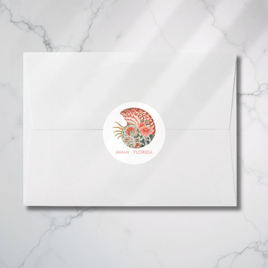 Sticker Rond Floral Seashell Coastal Nautical Beach Wedding