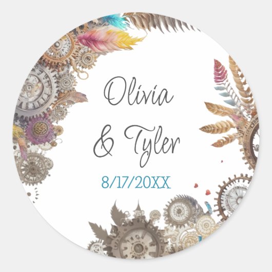 Sticker Rond Floral Steampunk Mariage Date et noms (Devant)