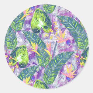 Sticker Rond Floral tropical, Botanique, lilas, vert, rose, fl