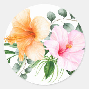 Sticker Rond Floral tropical de ketmie orange et rose