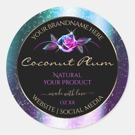 Sticker Rond Floral Turquoise Parties scintillant violet noir É (Devant)