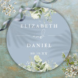 Sticker Rond Floral Verdure Dusty Blue Wedding Favoriser<br><div class="desc">Élégant sticker floral bleu poussiéreux,  personnalisé avec vos noms et date spéciale. Conçu par Thisisnotme©</div>