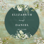 Sticker Rond Floral Verdure Emeraude Mariage Favoriser<br><div class="desc">Élégant autocollant vert émeraude vert fleuri personnalisé avec vos noms et date spéciale. Conçu par Thisisnotme©</div>