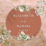 Sticker Rond Floral verdure Terracotta Mariage Favoriser<br><div class="desc">Élégant autocollant de végétation fleurie en terre cuite personnalisé avec vos noms et date spéciale. Conçu par Thisisnotme©</div>