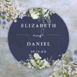 Sticker Rond Floral Vert Marine Blue Wedding Favoriser<br><div class="desc">Élégant autocollant bleu marine floral vert personnalisé avec vos noms et date spéciale. Conçu par Thisisnotme©</div>