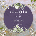 Sticker Rond Floral Vert Purple Mariage Favoriser<br><div class="desc">Élégant autocollant de verdure fleurie violet personnalisé avec vos noms et date spéciale. Conçu par Thisisnotme©</div>