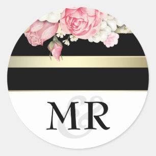 Sticker Rond Floral Vintage noir blanc et Mariage or