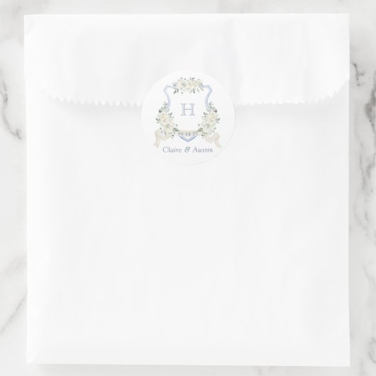 Sticker Rond Floral White Elegant Dusty Blue Crest Envelope (Sac)
