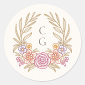 Sticker Rond Floral Wreath Automne Monogramme Crest Mariage (Devant)