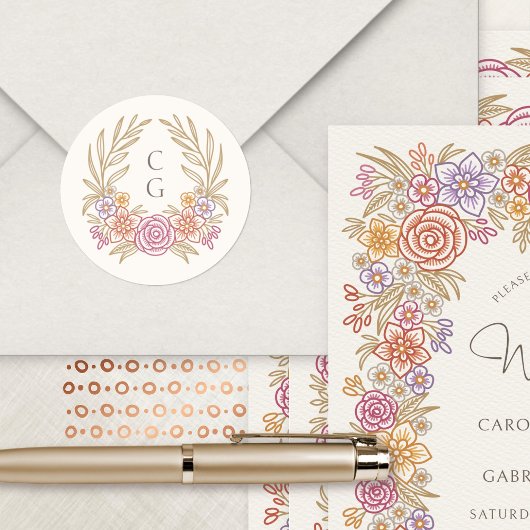 Sticker Rond Floral Wreath Automne Monogramme Crest Mariage