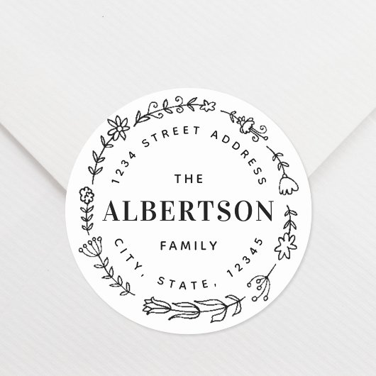 Sticker Rond Floral Wreath Nom de famille Adresse de retour per