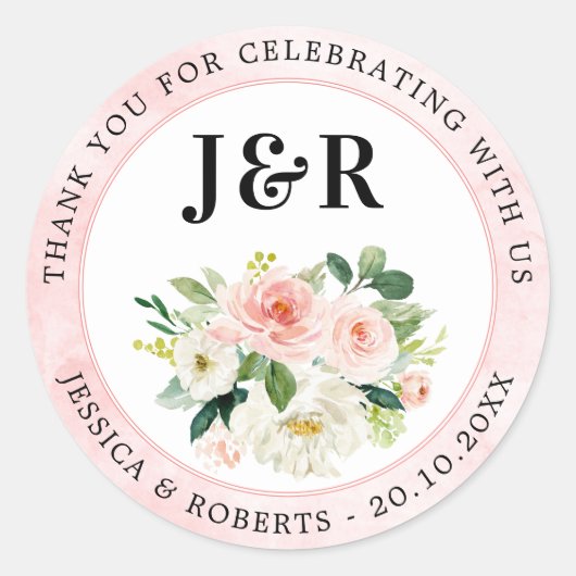 Sticker Rond Florales rose pâle Merci Mariage botanique Cla (Devant)