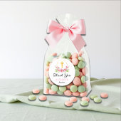 Sticker Rond Floraux roses et croix d'or baptême fille Merci