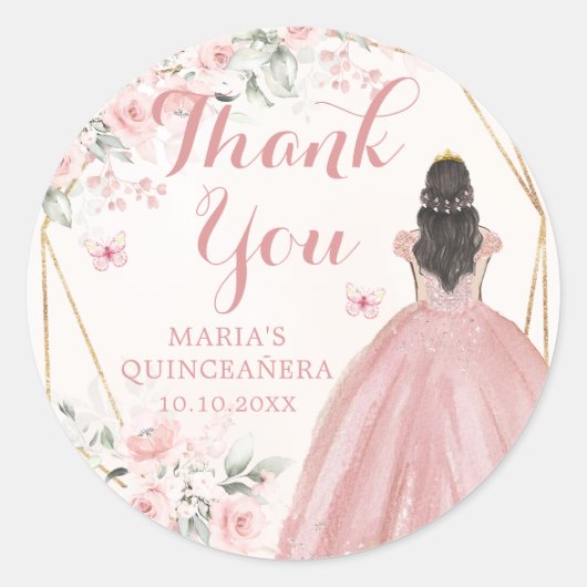 Sticker Rond Flore rose pâle, géométrique Merci Quinceañera (Devant)