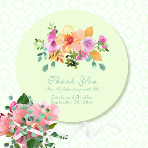 Sticker Rond Flore verte Pêche romantique Mariage Merci
