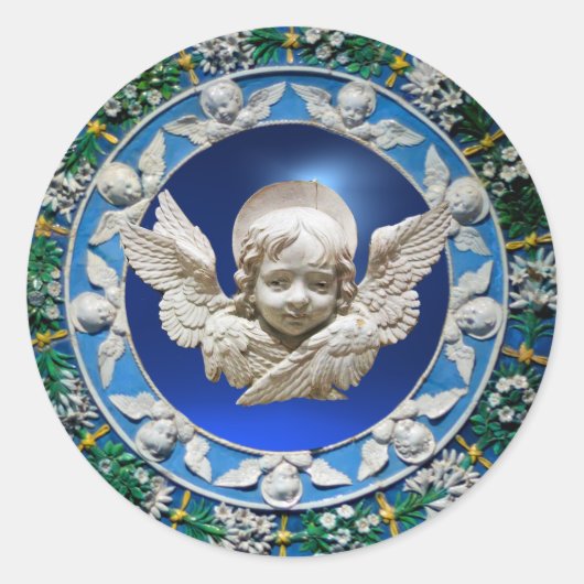 STICKER ROND FLORENTINE RENAISSANCE ANGEL FLORAL CROWN BLEU (Devant)