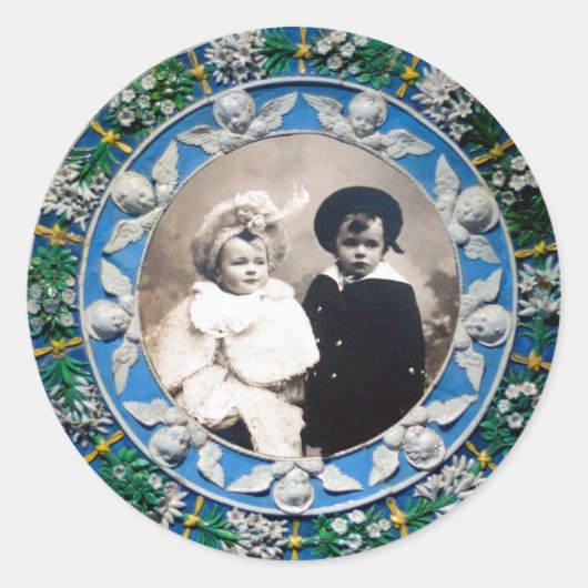 STICKER ROND FLORENTINE RENAISSANCE ANGELS BLEU MODÈLE PHOTO (Devant)