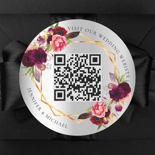 Sticker Rond Flores bordeaux argenté or géométrique mariage QR