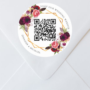 Sticker Rond Flores bordeaux or géométrique QR code mariage