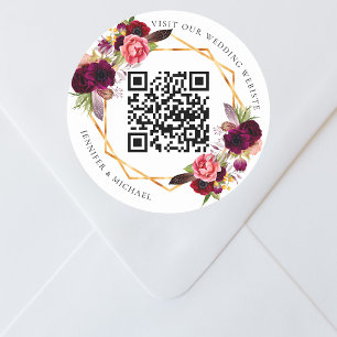 Sticker Rond Flores bordeaux or géométrique QR code mariage