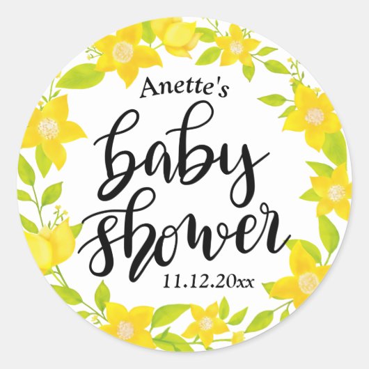 Sticker Rond Flores jaunes | Baby shower manuscrit (Devant)