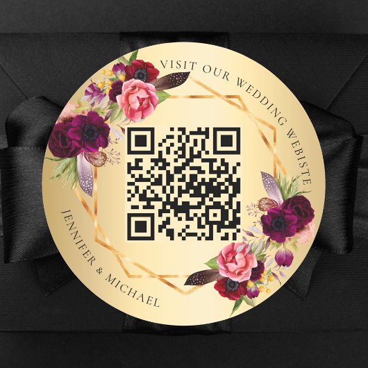Sticker Rond Flores roses bordeaux dorés mariage QR géométrique