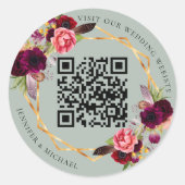Sticker Rond Flores roses bordeaux mariage QR géométrique sage (Devant)