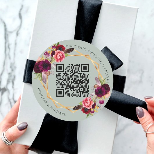 Sticker Rond Flores roses bordeaux mariage QR géométrique sage