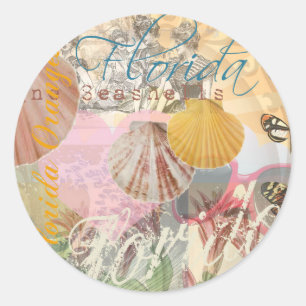 Sticker Rond Floride Vintage Travel Beach Seashell Shell Art