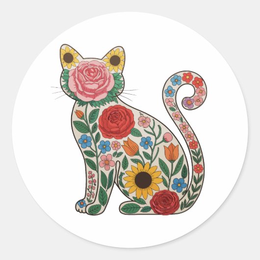 Sticker Rond Flower Cat Wildflowers Kitten Lover (Devant)