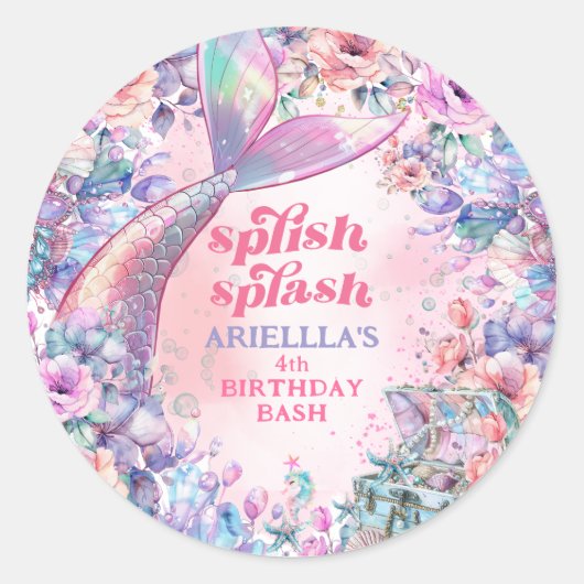 Sticker Rond Flower Glitter Mermaid Tail 4th Birthday (Devant)